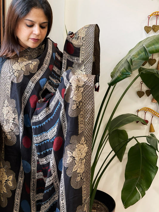 Ajrakh Handblock Printed Organza Crepe Dupatta with Banarasi Border - Masakalee