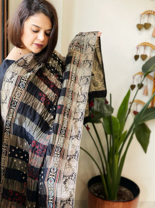 Ajrakh Handblock Printed Organza Crepe Dupatta with Banarasi Border - Masakalee