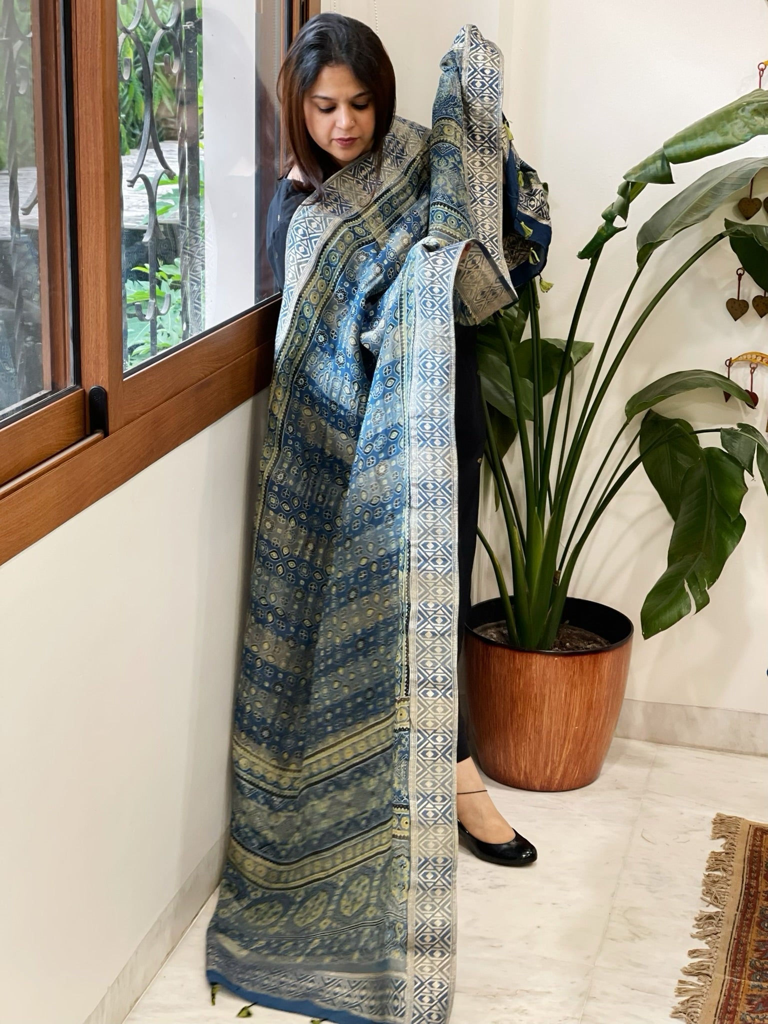 Ajrakh Handblock Printed Organza Crepe Dupatta with Banarasi Border - Masakalee