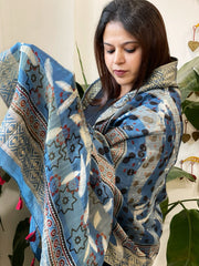 Ajrakh Handblock Printed Organza Crepe Dupatta with Banarasi Border - Masakalee