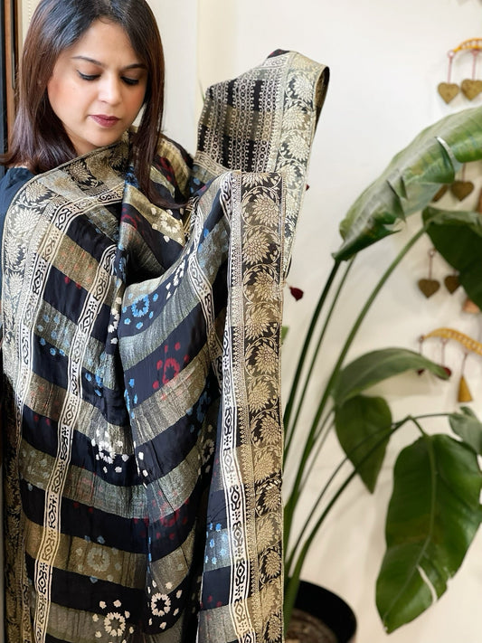 Ajrakh Handblock Printed Organza Crepe Dupatta with Banarasi Border - Masakalee