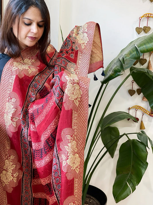Ajrakh Handblock Printed Organza Crepe Dupatta with Banarasi Border - Masakalee
