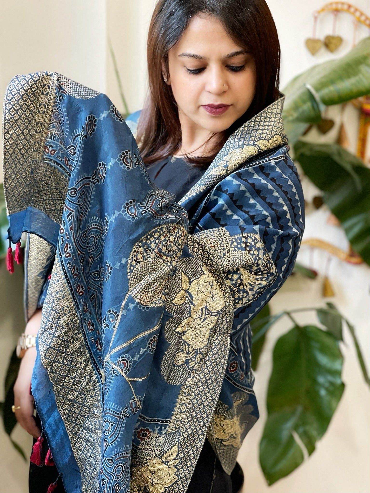 Ajrakh Handblock Printed Organza Crepe Dupatta with Banarasi Border - Masakalee