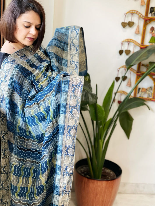 Ajrakh Handblock Printed Organza Crepe Dupatta with Banarasi Border - Masakalee
