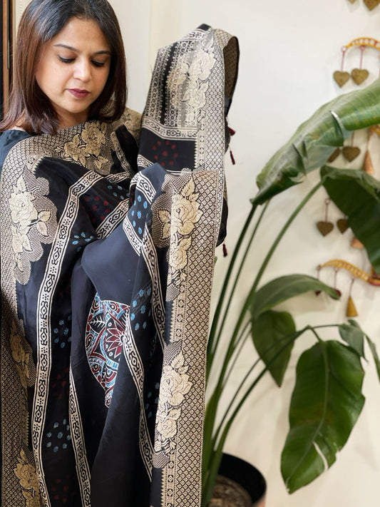 Ajrakh Handblock Printed Organza Crepe Dupatta with Banarasi Border - Masakalee