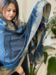 Ajrakh Handblock Printed Organza Crepe Dupatta with Banarasi Border - Masakalee
