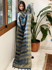 Ajrakh Handblock Printed Organza Crepe Dupatta with Banarasi Border - Masakalee