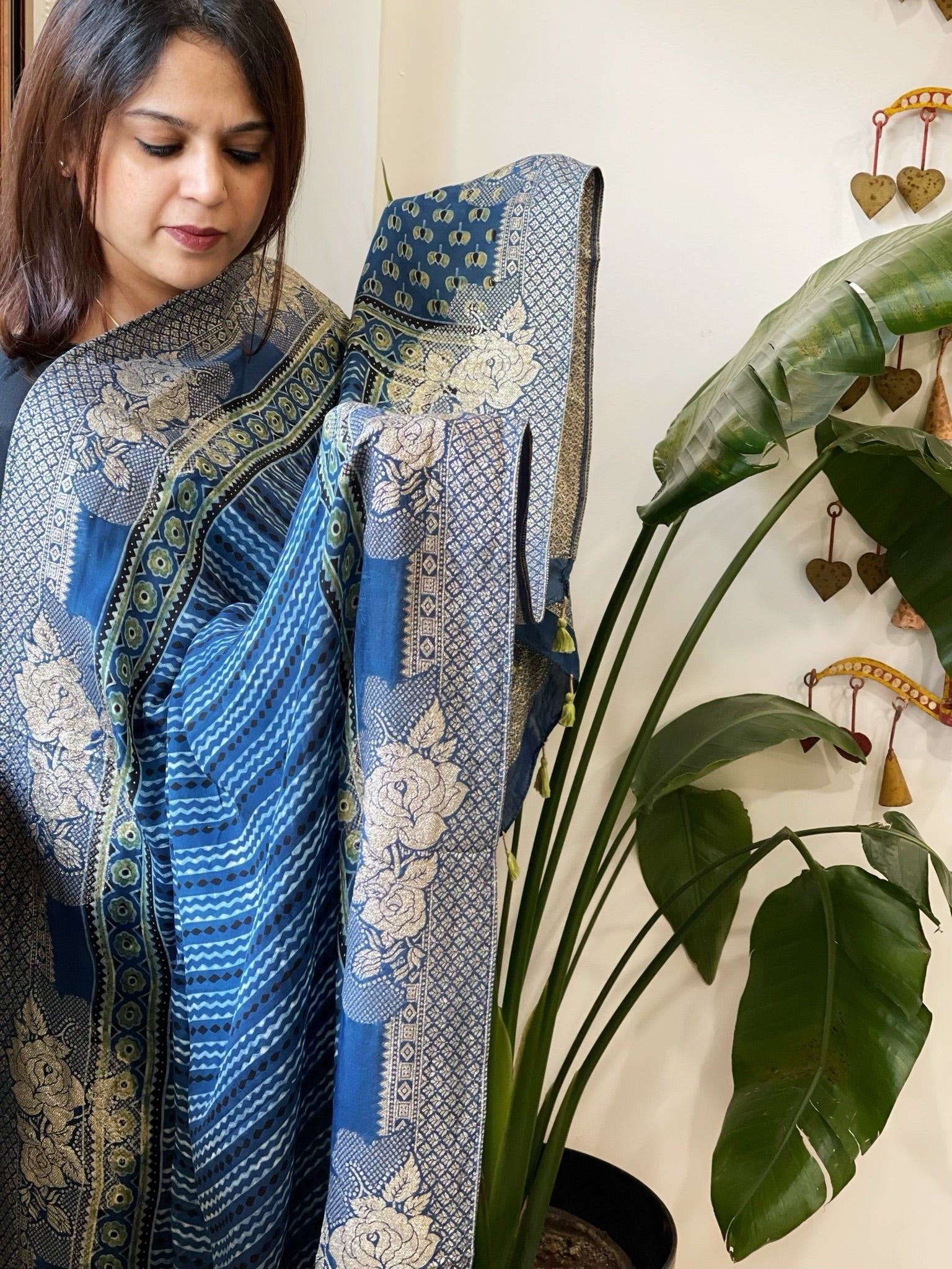 Ajrakh Handblock Printed Organza Crepe Dupatta with Banarasi Border - Masakalee