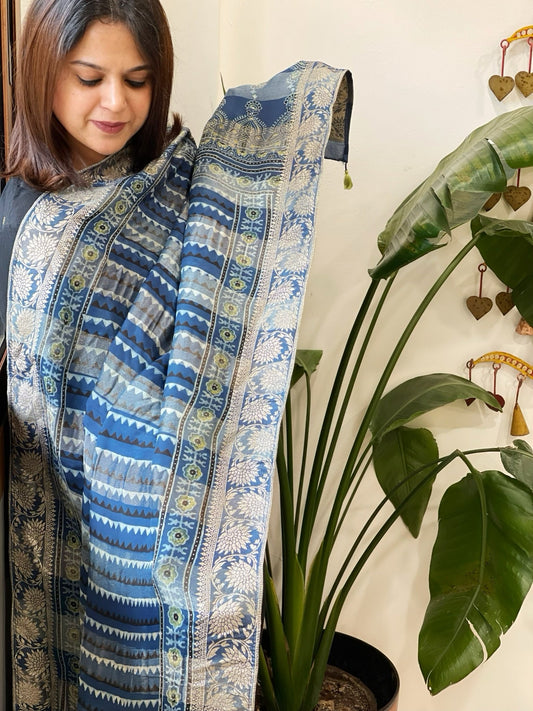 Ajrakh Handblock Printed Organza Crepe Dupatta with Banarasi Border - Masakalee