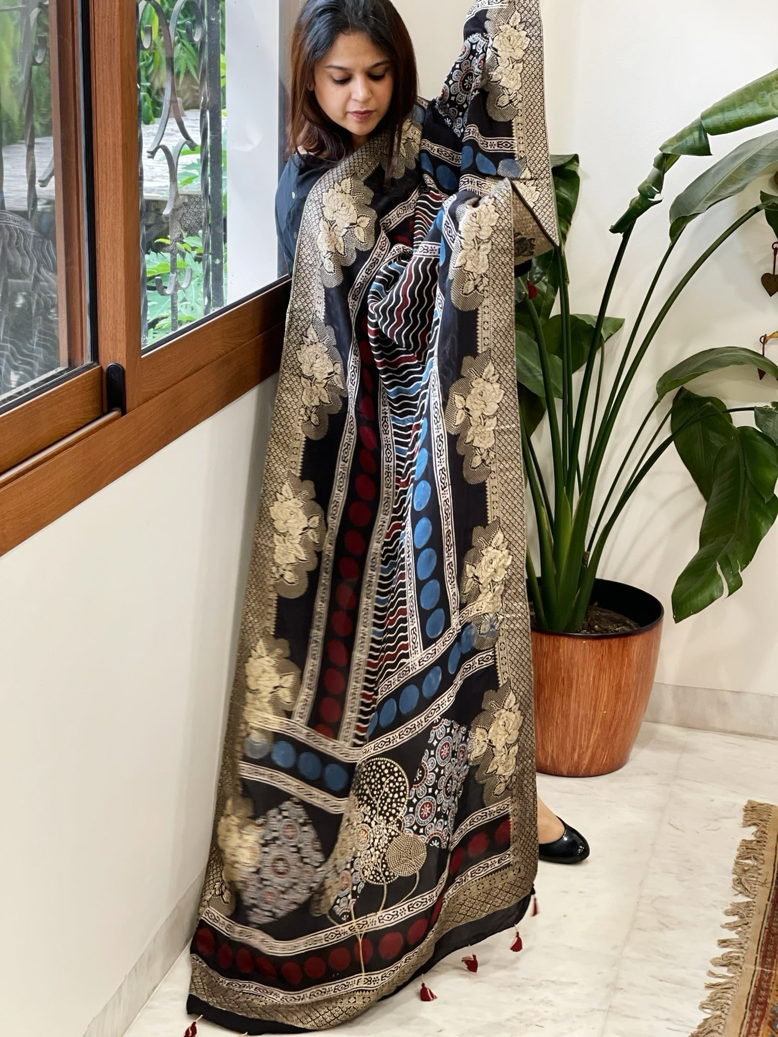 Ajrakh Handblock Printed Organza Crepe Dupatta with Banarasi Border - Masakalee