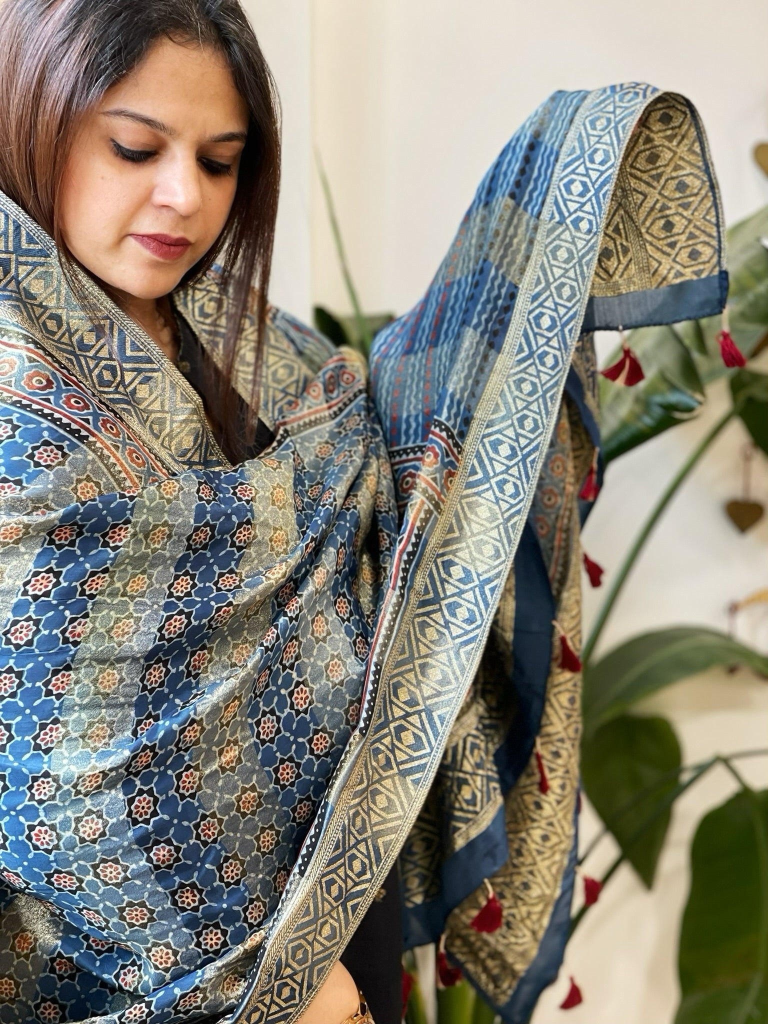 Ajrakh Handblock Printed Organza Crepe Dupatta with Banarasi Border - Masakalee