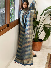 Ajrakh Handblock Printed Organza Crepe Dupatta with Banarasi Border - Masakalee