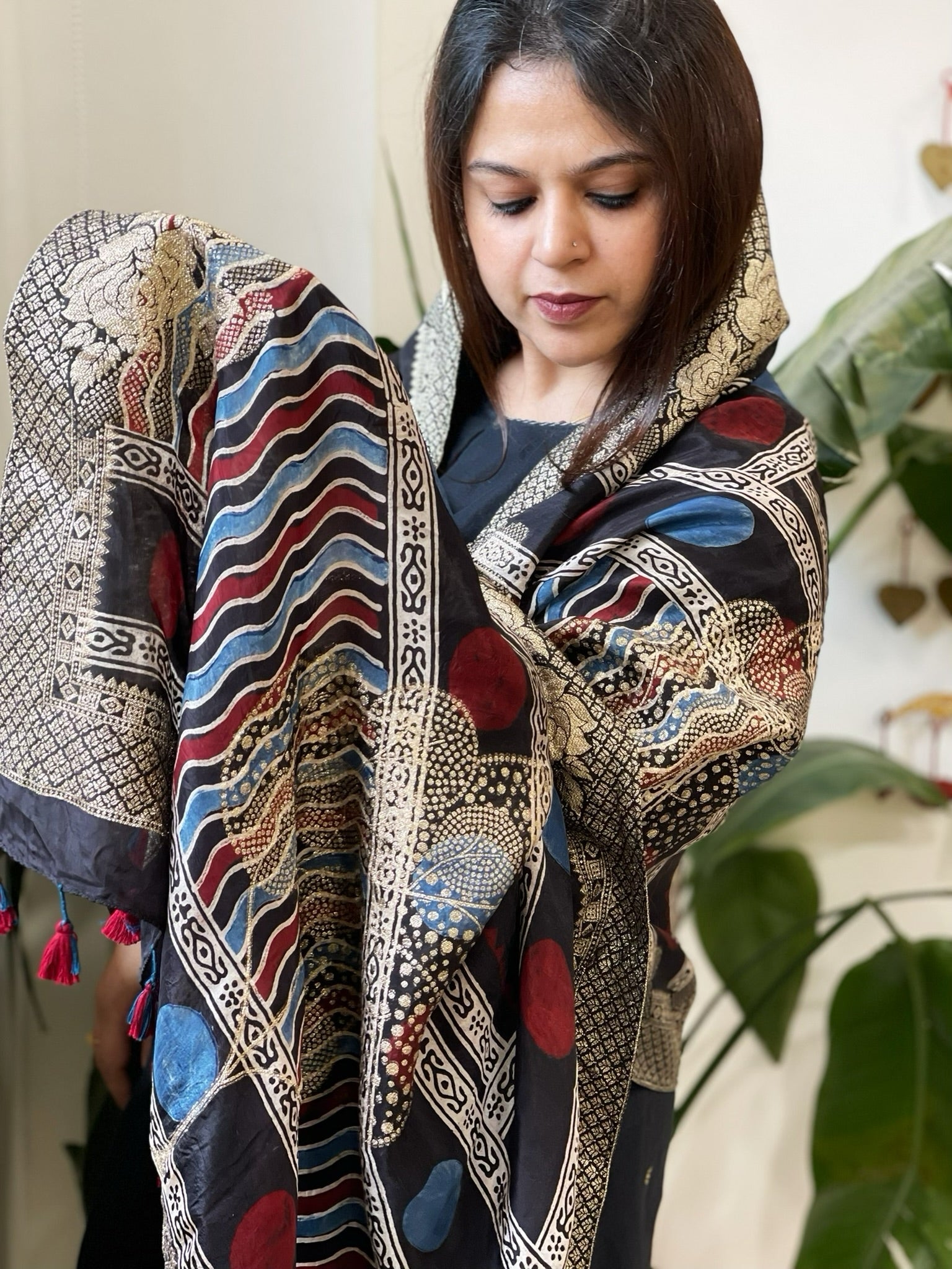 Ajrakh Handblock Printed Organza Crepe Dupatta with Banarasi Border - Masakalee