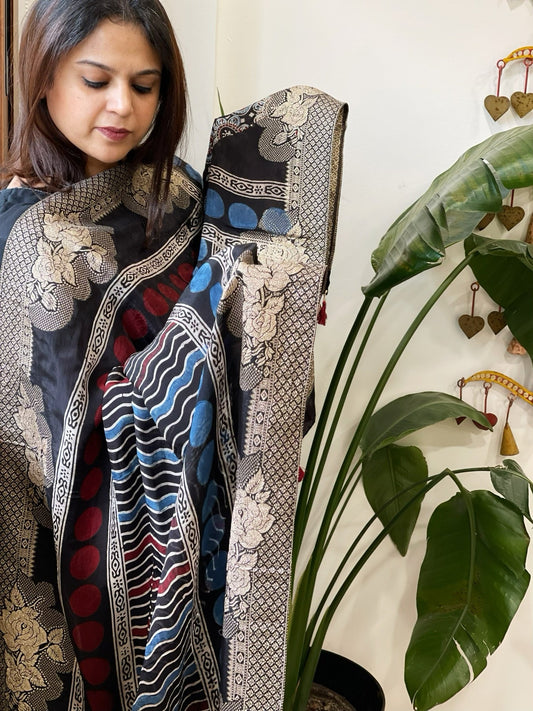 Ajrakh Handblock Printed Organza Crepe Dupatta with Banarasi Border - Masakalee