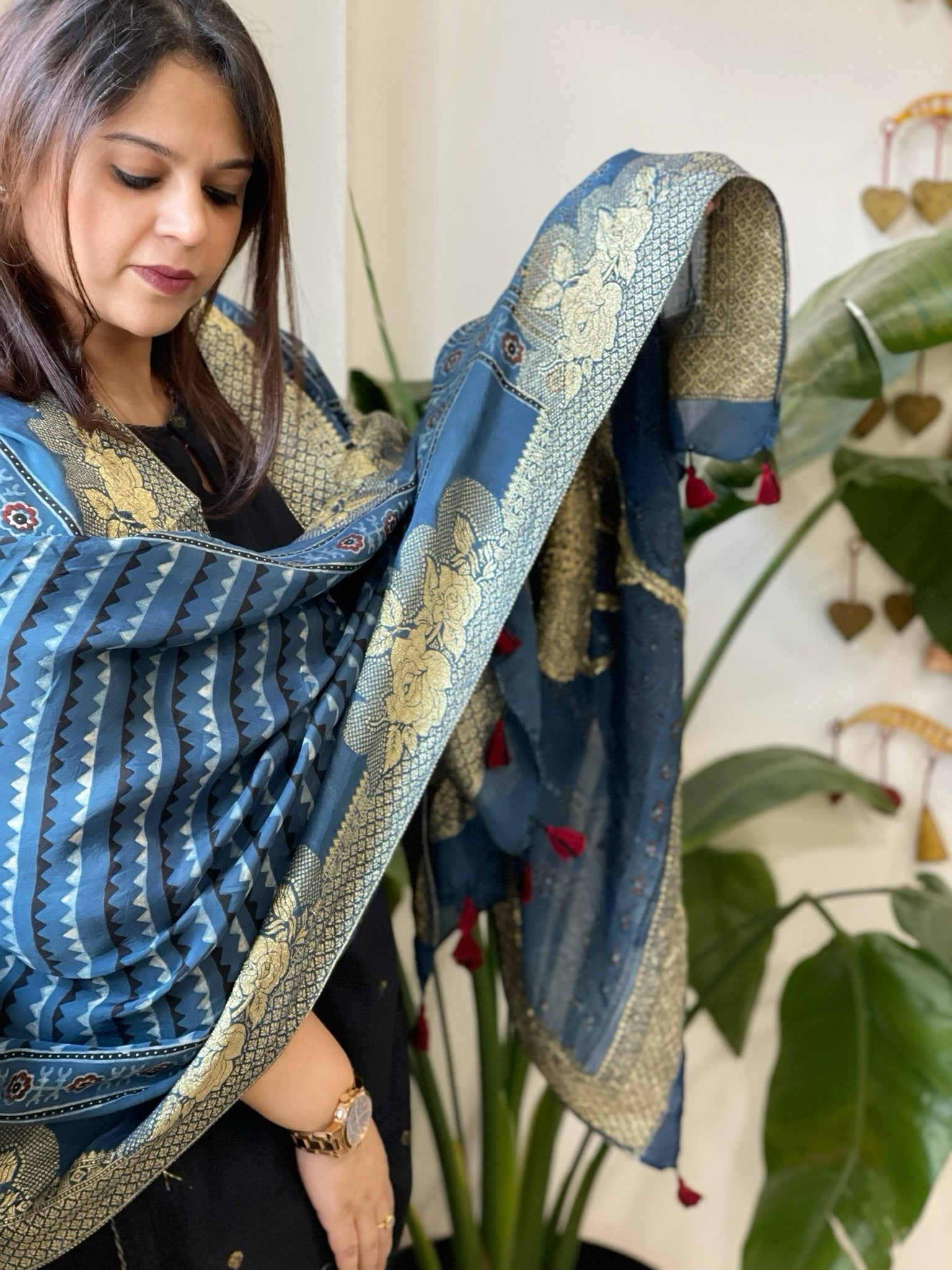 Ajrakh Handblock Printed Organza Crepe Dupatta with Banarasi Border - Masakalee