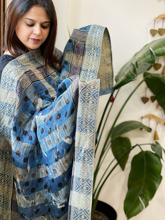 Ajrakh Handblock Printed Organza Crepe Dupatta with Banarasi Border - Masakalee