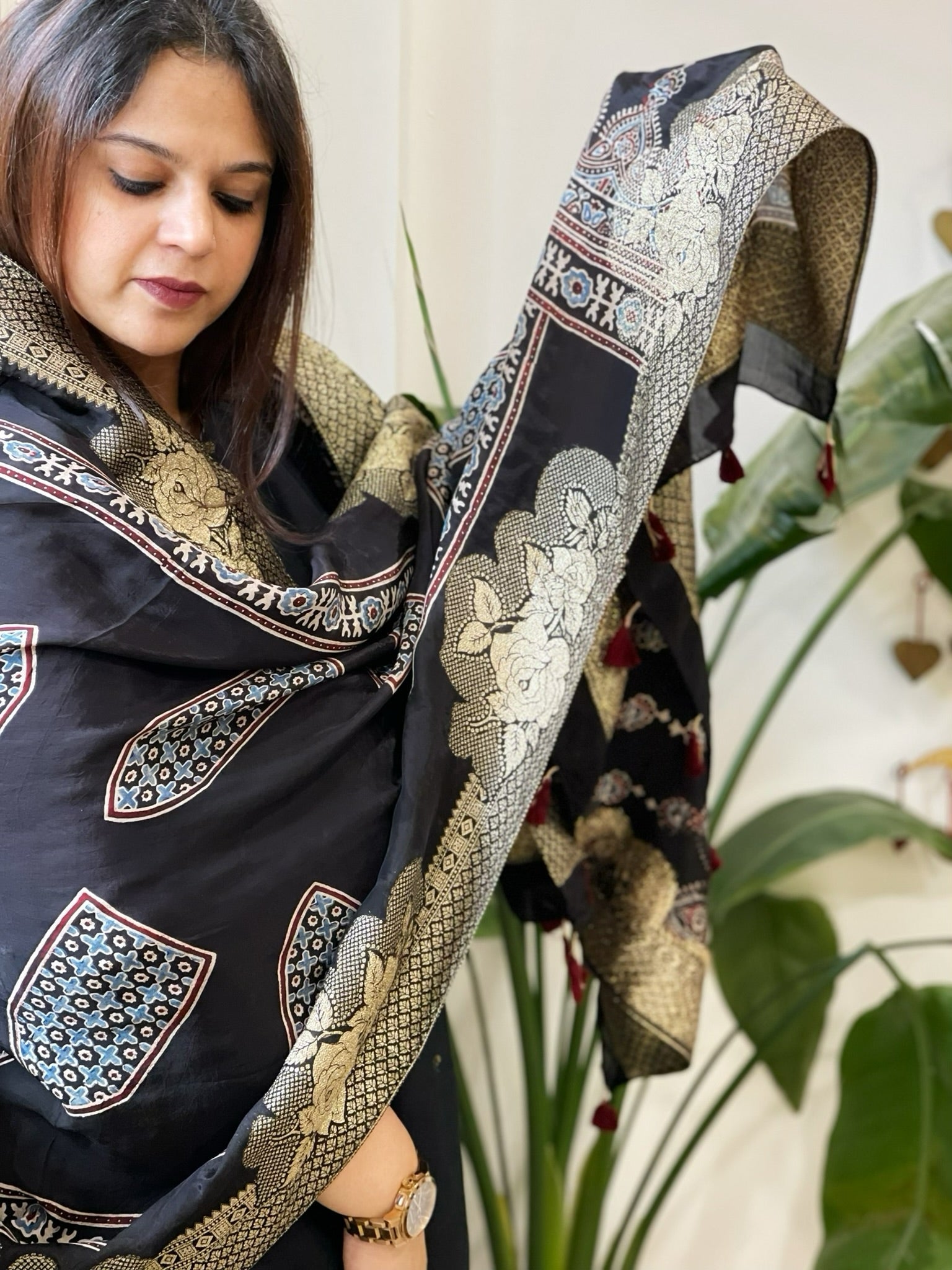 Ajrakh Handblock Printed Organza Crepe Dupatta with Banarasi Border - Masakalee