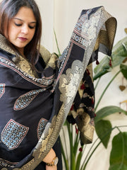 Ajrakh Handblock Printed Organza Crepe Dupatta with Banarasi Border - Masakalee
