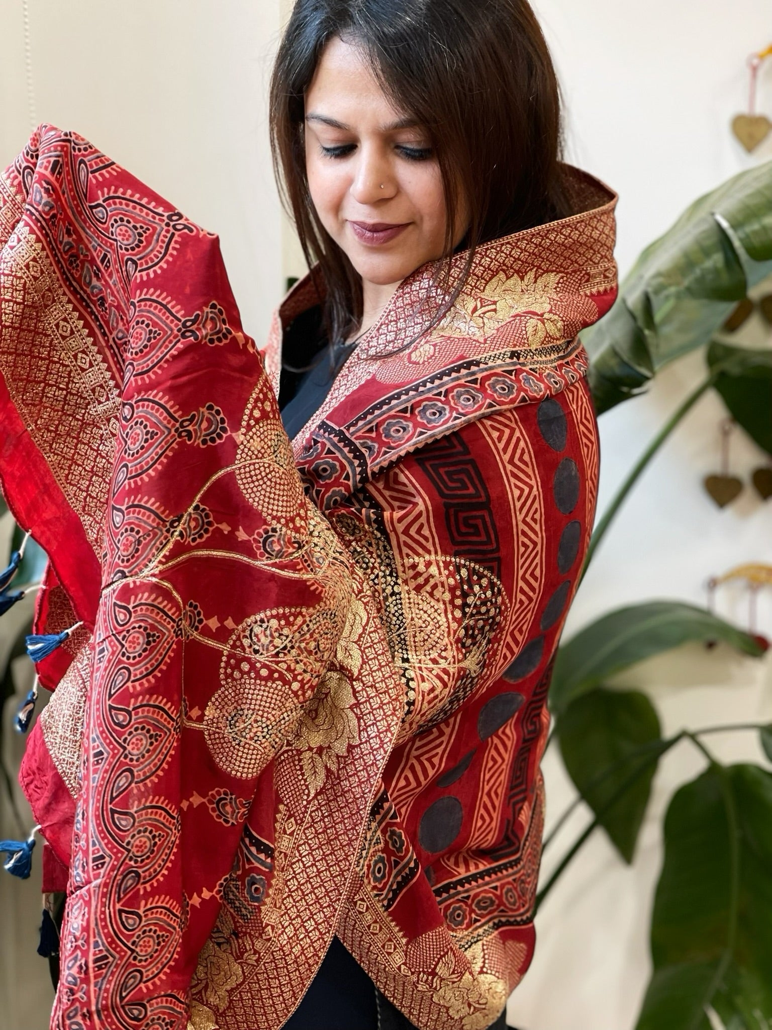 Ajrakh Handblock Printed Organza Crepe Dupatta with Banarasi Border - Masakalee