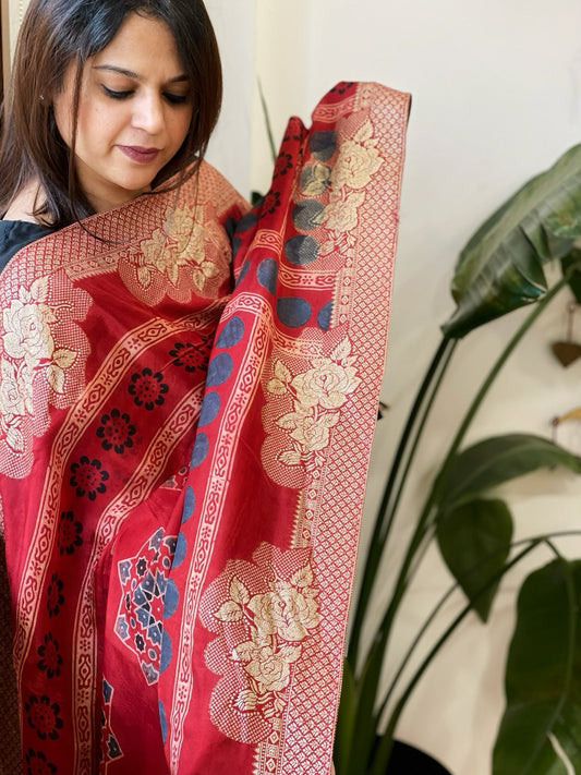 Ajrakh Handblock Printed Organza Crepe Dupatta with Banarasi Border - Masakalee