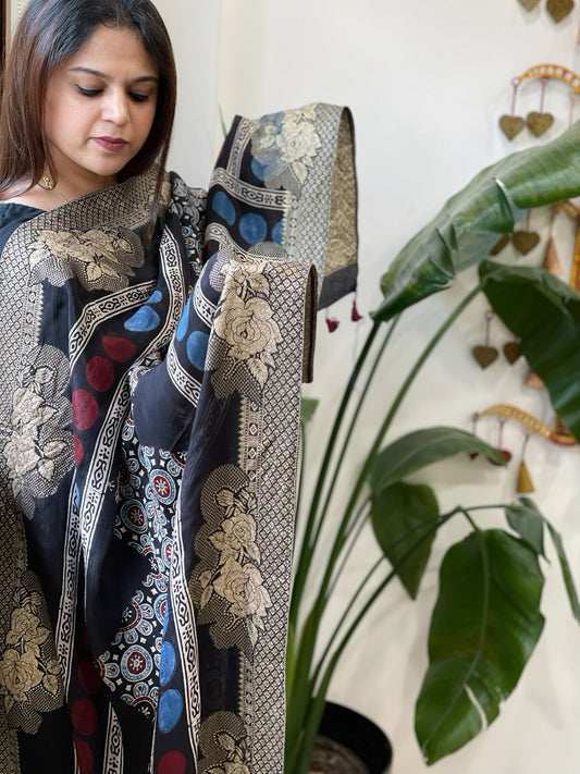 Ajrakh Handblock Printed Organza Crepe Dupatta with Banarasi Border - Masakalee