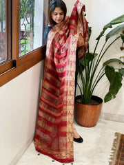 Ajrakh Handblock Printed Organza Crepe Dupatta with Banarasi Border - Masakalee