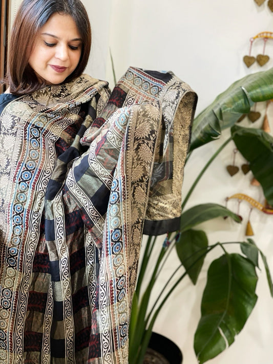 Ajrakh Handblock Printed Organza Crepe Dupatta with Banarasi Border - Masakalee