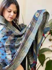 Ajrakh Handblock Printed Organza Crepe Dupatta with Banarasi Border - Masakalee