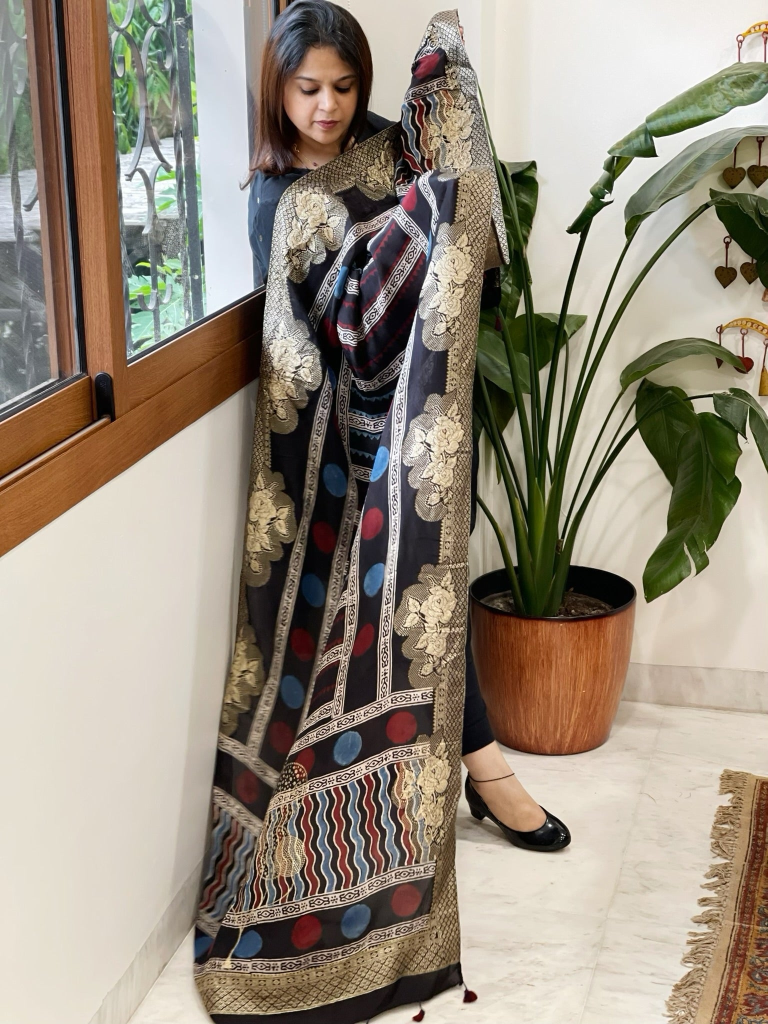 Ajrakh Handblock Printed Organza Crepe Dupatta with Banarasi Border - Masakalee