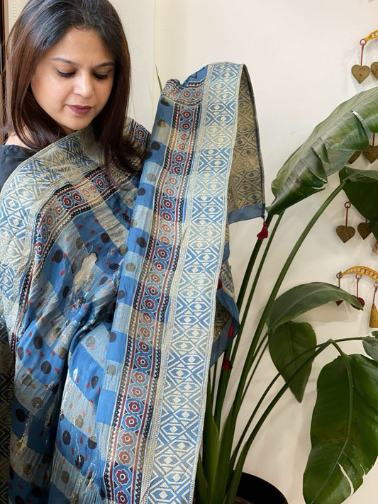 Ajrakh Handblock Printed Organza Crepe Dupatta with Banarasi Border - Masakalee