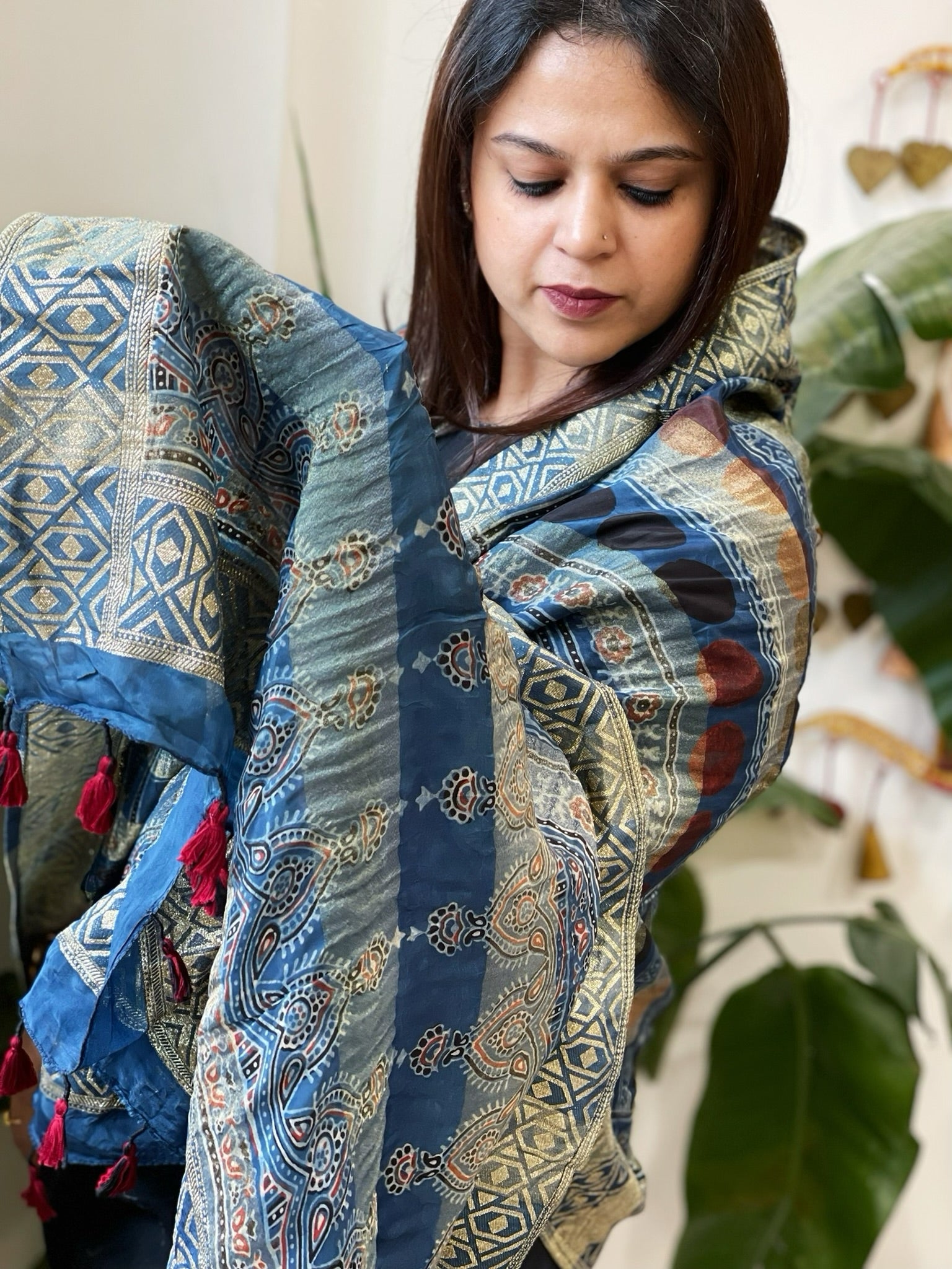 Ajrakh Handblock Printed Organza Crepe Dupatta with Banarasi Border - Masakalee