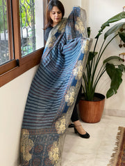 Ajrakh Handblock Printed Organza Crepe Dupatta with Banarasi Border - Masakalee