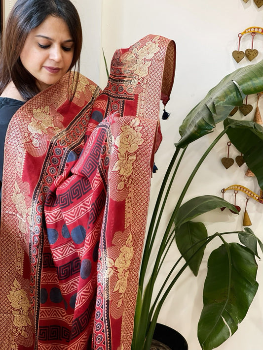Ajrakh Handblock Printed Organza Crepe Dupatta with Banarasi Border - Masakalee