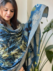Ajrakh Handblock Printed Organza Crepe Dupatta with Banarasi Border - Masakalee