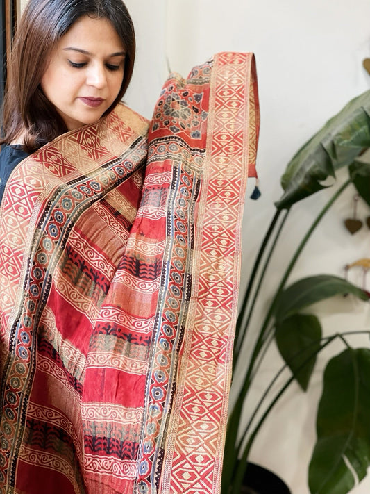 Ajrakh Handblock Printed Organza Crepe Dupatta with Banarasi Border - Masakalee