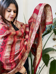 Ajrakh Handblock Printed Organza Crepe Dupatta with Banarasi Border - Masakalee