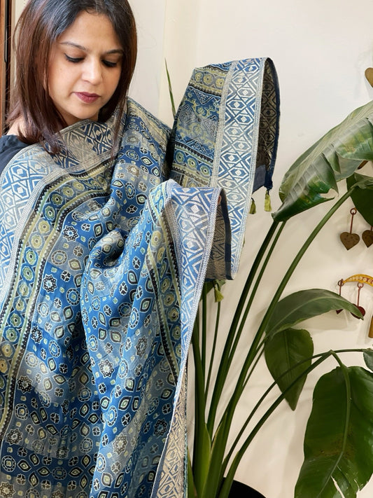Ajrakh Handblock Printed Organza Crepe Dupatta with Banarasi Border - Masakalee