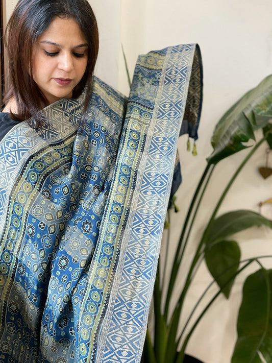 Ajrakh Handblock Printed Organza Crepe Dupatta with Banarasi Border - Masakalee