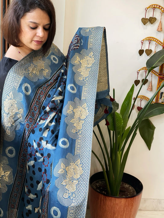 Ajrakh Handblock Printed Organza Crepe Dupatta with Banarasi Border - Masakalee