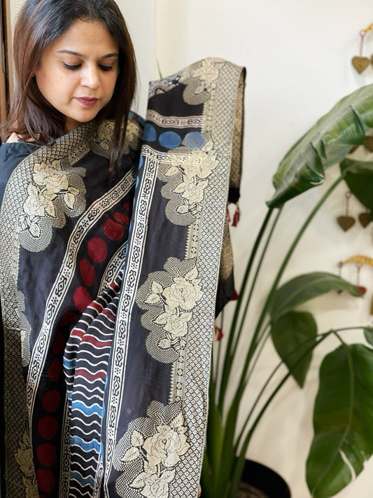 Ajrakh Handblock Printed Organza Crepe Dupatta with Banarasi Border - Masakalee