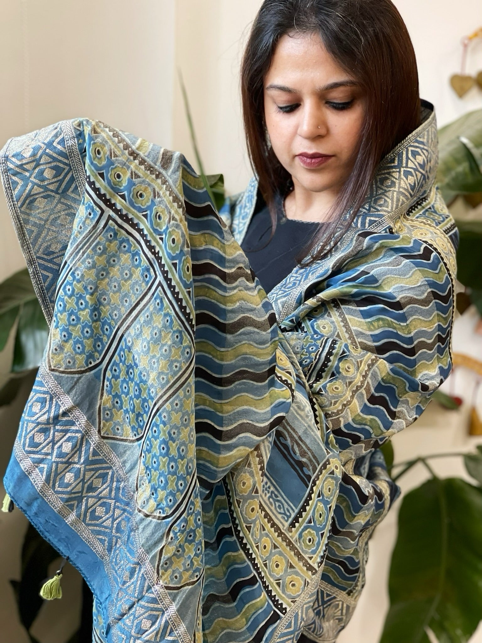 Ajrakh Handblock Printed Organza Crepe Dupatta with Banarasi Border - Masakalee