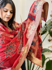 Ajrakh Handblock Printed Organza Crepe Dupatta with Banarasi Border - Masakalee