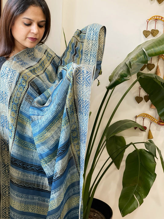 Ajrakh Handblock Printed Organza Crepe Dupatta with Banarasi Border - Masakalee