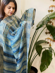 Ajrakh Handblock Printed Organza Crepe Dupatta with Banarasi Border - Masakalee