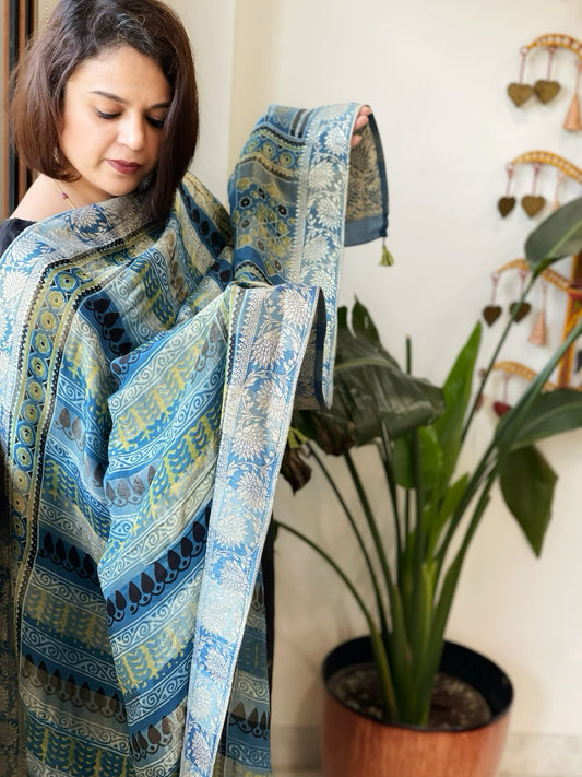 Ajrakh Handblock Printed Organza Crepe Dupatta with Banarasi Border - Masakalee