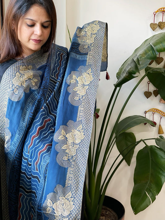 Ajrakh Handblock Printed Organza Crepe Dupatta with Banarasi Border - Masakalee
