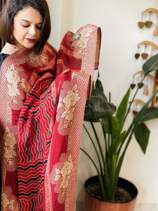 Ajrakh Handblock Printed Organza Crepe Dupatta with Banarasi Border - Masakalee