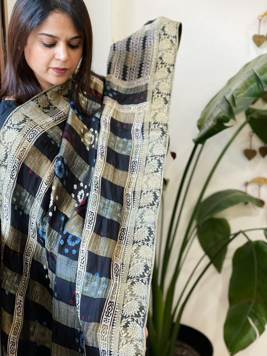 Ajrakh Handblock Printed Organza Crepe Dupatta with Banarasi Border - Masakalee