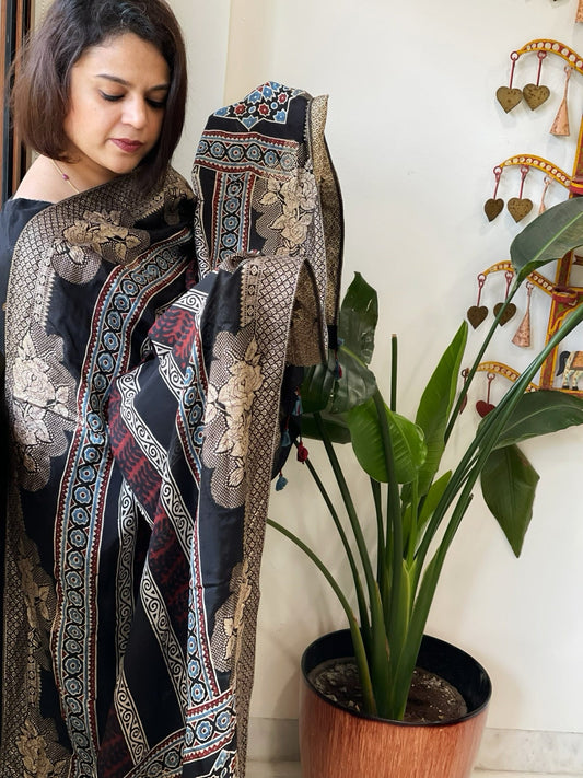 Ajrakh Handblock Printed Organza Crepe Dupatta with Banarasi Border - Masakalee