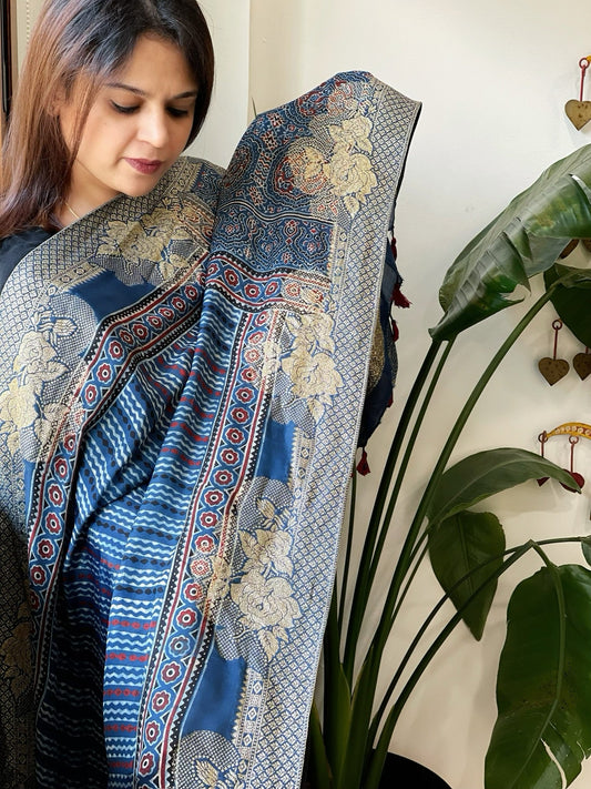 Ajrakh Handblock Printed Organza Crepe Dupatta with Banarasi Border - Masakalee